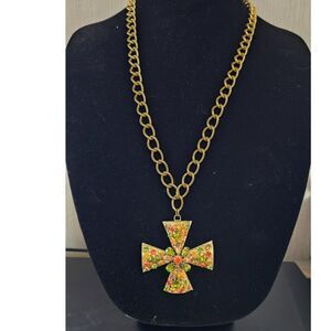 Vintage Gold Toned Jeweled Maltese Cross Necklace